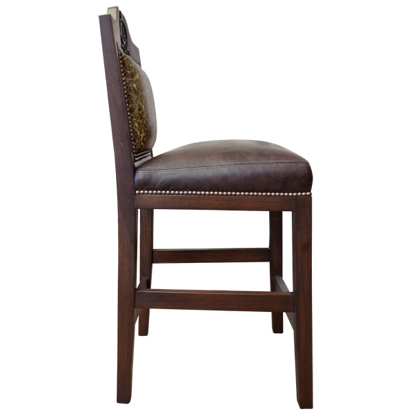 Side view of bar stool with carved wood frame and leather seatback
