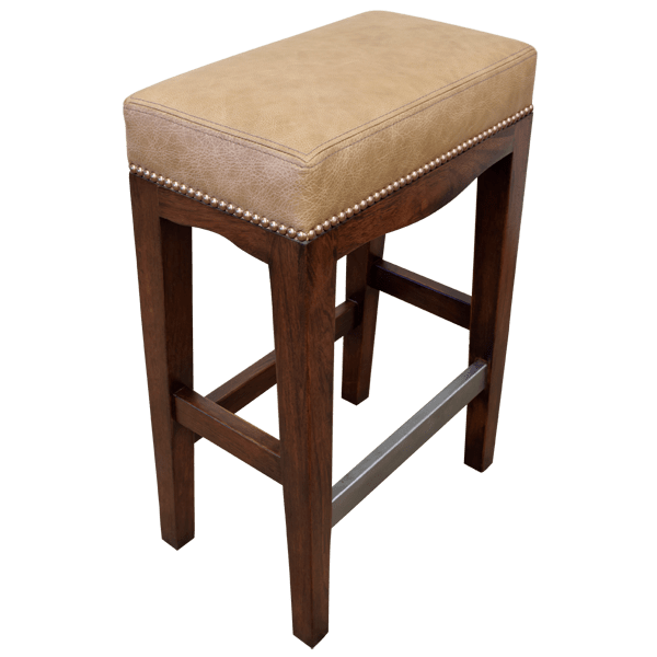 Elevated three-quarter view of backless bar stool with leather seat and wood frame