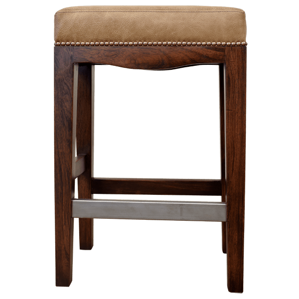 Front view of backless bar stool with natural leather seat and splayed legs