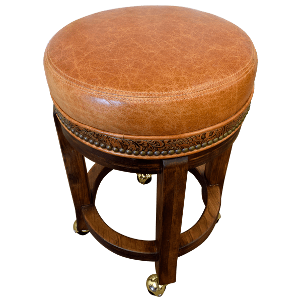 Elevated front view of swivel bar stool with double-stitched leather and round base