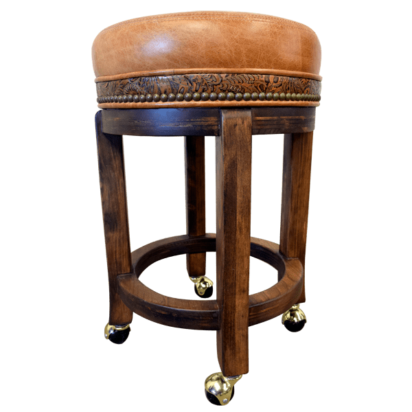 Front view of solid wood bar stool with leather seat and caster wheels
