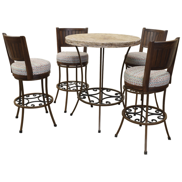 Set of 4 French country barstools with hand-forged iron and marble bar table