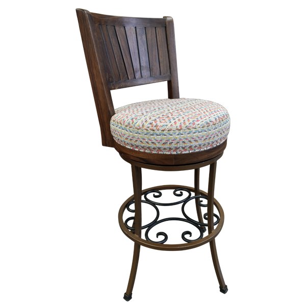 Three-quarter front view of swivel barstool with metal and wood frame