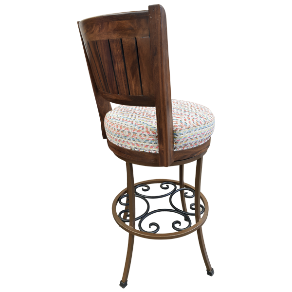 Three-quarter rear view of barstool with metal and wood frame