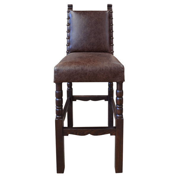 Front view of handcrafted barstool with full-grain leather and brass tacks