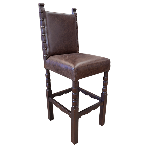 Three-quarter front view of barstool with turned legs and draped stretchers