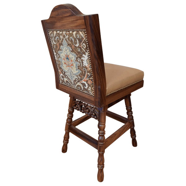 Three-quarter rear view of barstool with bamask fabric and brass trim