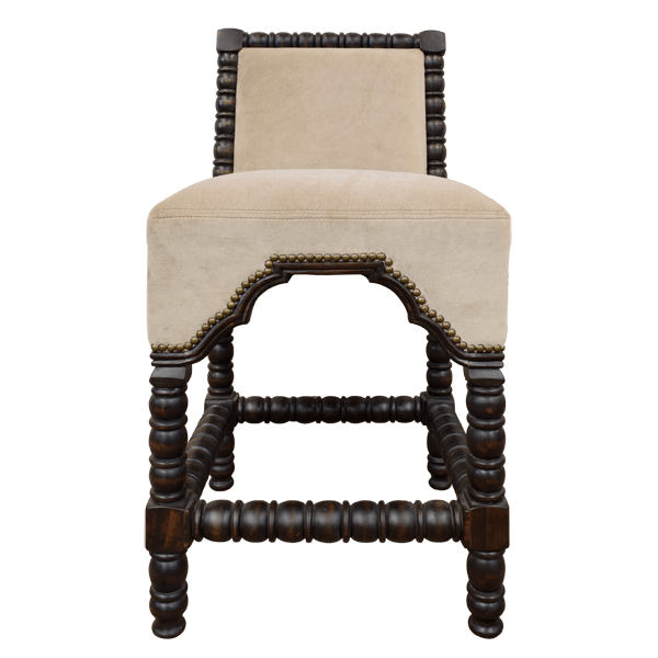 Front view of handcrafted timberwood barstool with antique stain and upholstered seat