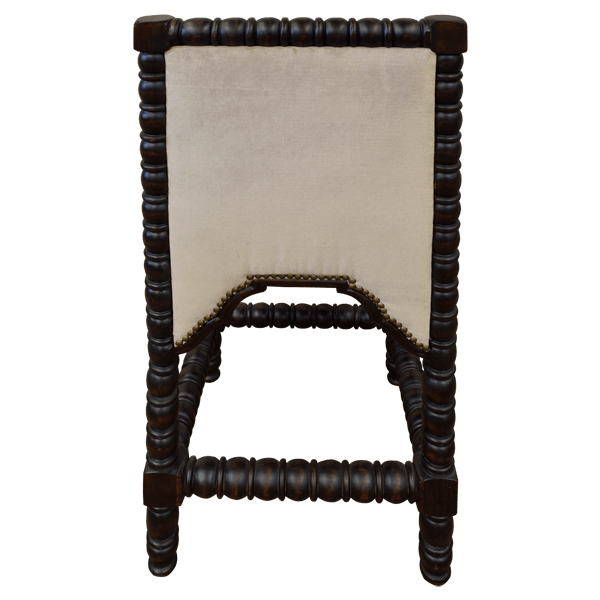 Rear view of barstool with timberwood frame and Spanish trim upholstery
