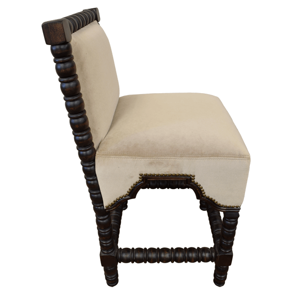 Side view of barstool with handcrafted wood and double-stitched fabric