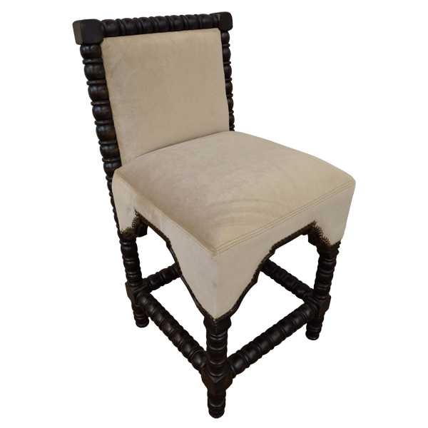 Three-quarter front view of barstool with Spanish trim and brass tacks