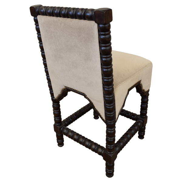 Three-quarter rear view of barstool with antique stain and Spanish colonial details