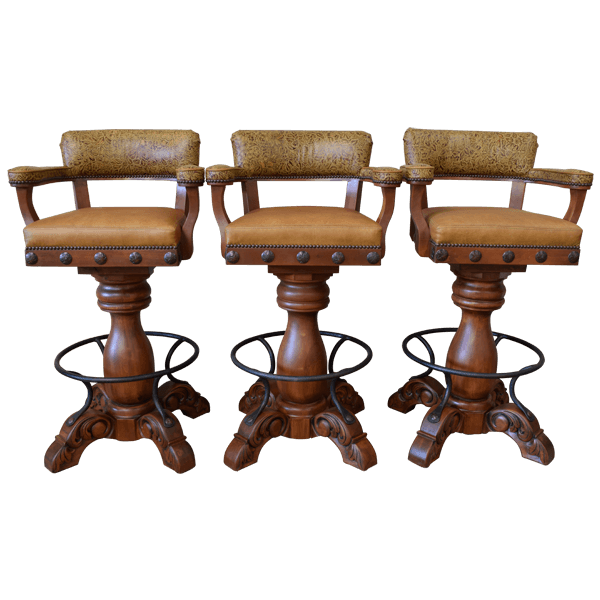 Set of 3 barstools with swivel seats and golden upholstery, front view