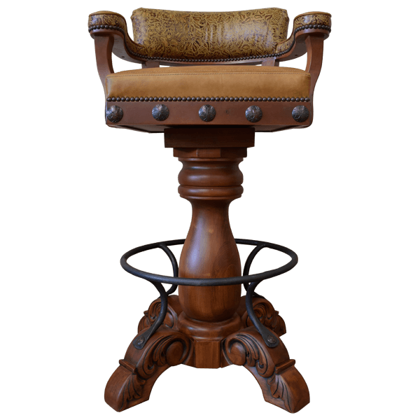 Front view of swivel barstool with golden upholstery and curved wooden legs