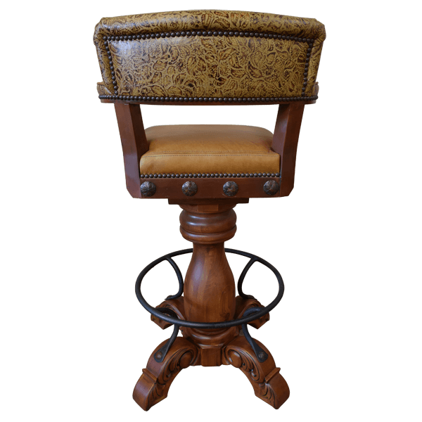 Rear view of barstool with golden upholstery and curved wooden legs