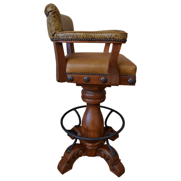 Side view of barstool with curved legs and metal footrest