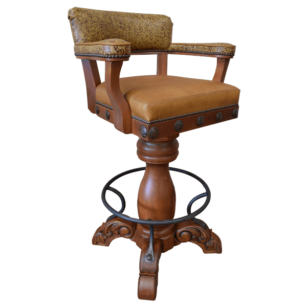 Three-quarter front view of barstool with classic swivel seat and golden fabric