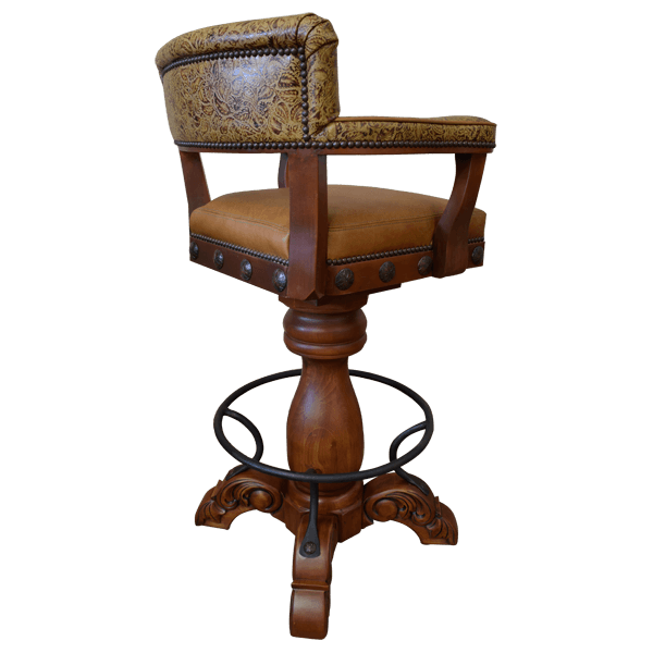 Three-quarter rear view of barstool with classic wooden structure and swivel seat