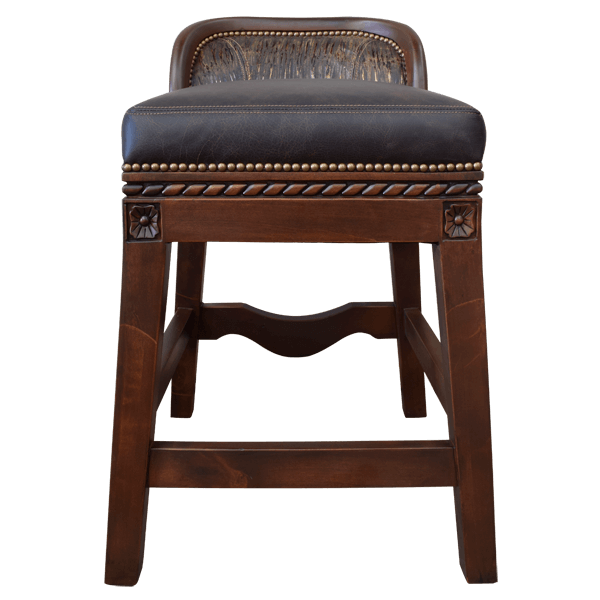 Front view of barstool with leather seat and deer hide backrest