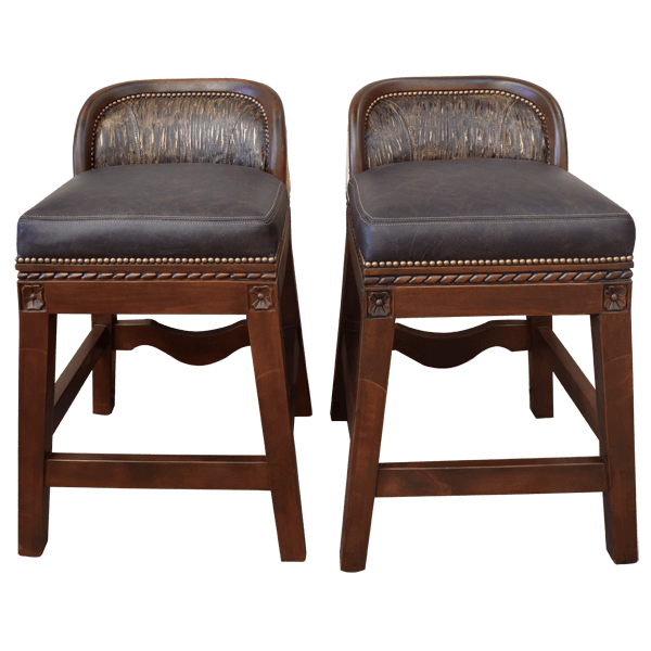 Set of 2 barstools with leather seats and deer hide backrests, front view