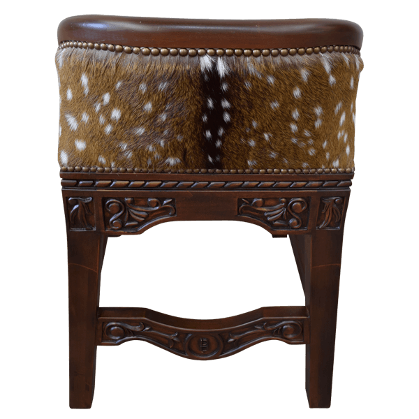 Rear view of barstool with dark wood and deer hide backrest