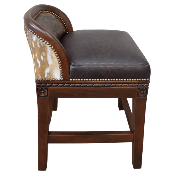 Side view of barstool with dark wood frame and leather upholstery