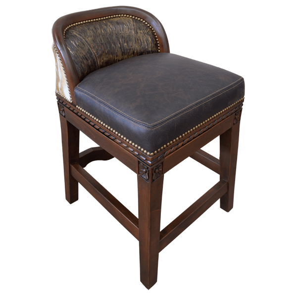 Three-quarter front view of barstool with dark wood, leather seat, and deer hide backrest