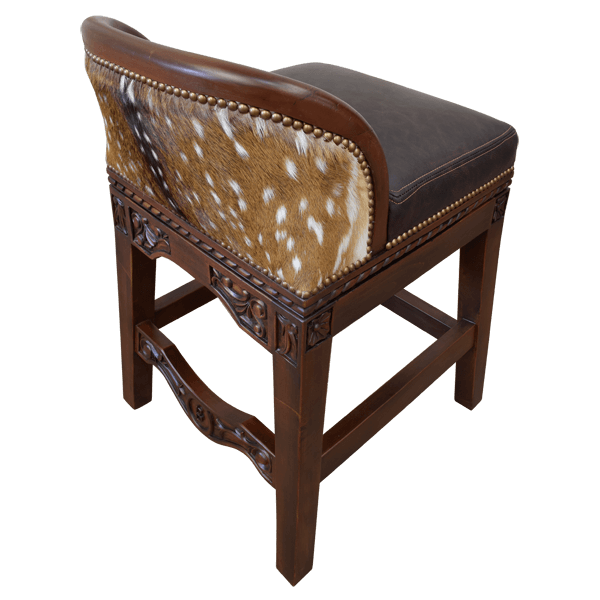 Three-quarter rear view of barstool with deer hide backrest and bronze tacks