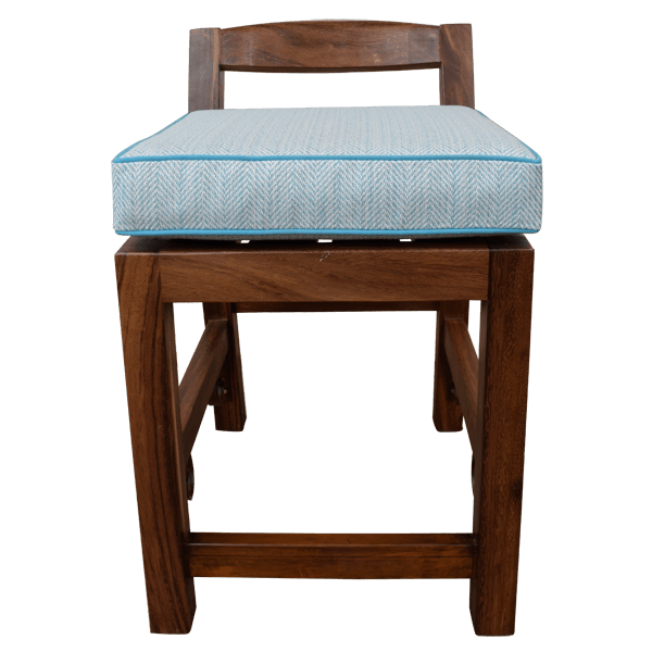 Front view of wooden barstool with blue and white cushion and no backrest