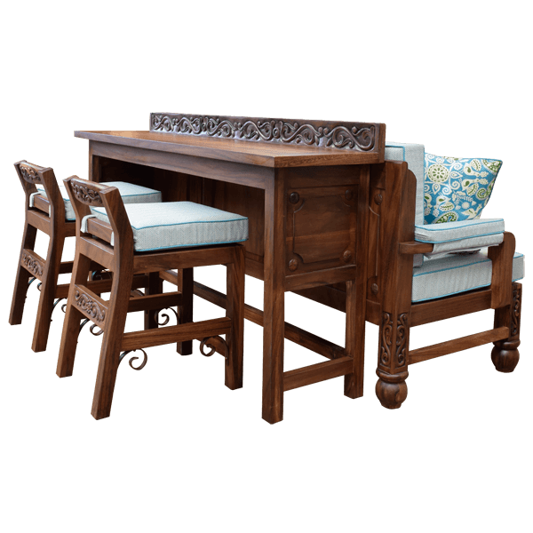 Harmonious set with sofa, console table, and two barstools with blue-white upholstery