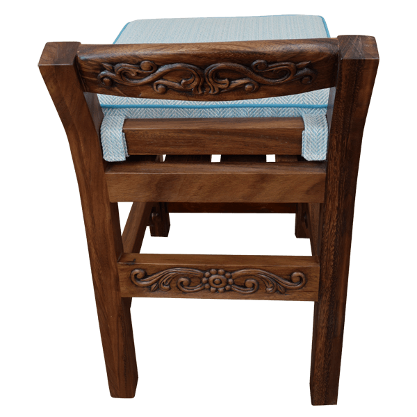 Rear view of barstool with dark wood and blue-white upholstery