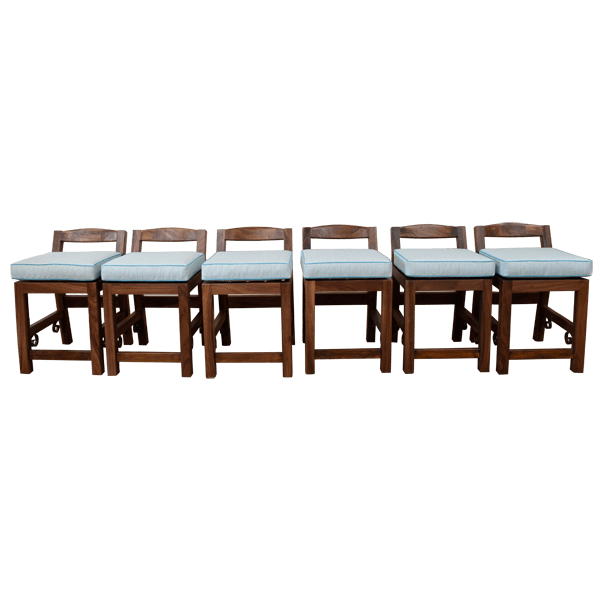 Set of 6 barstools with blue and white cushions and dark wood frame