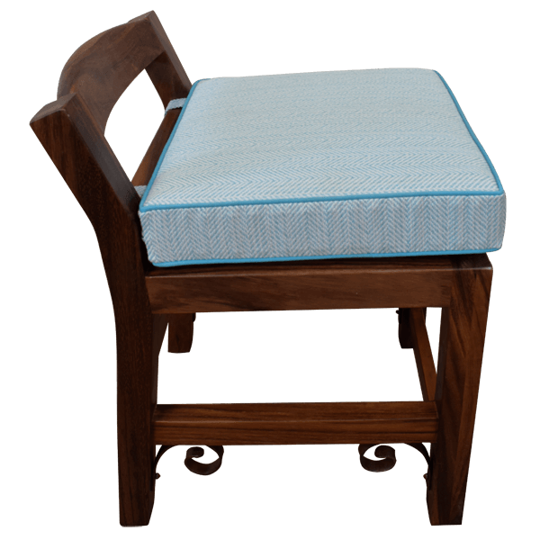 Side view of barstool with dark wood frame and square cushion