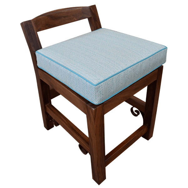 Three-quarter front view of barstool with ornamental legs and blue-white seat