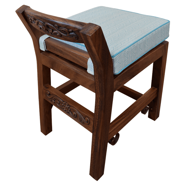 Rear angled view of barstool with ornamental wood structure and blue seat