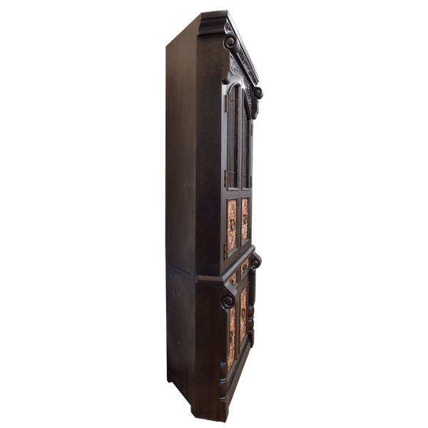 Dark wood corner armoire with copper panels and forged iron details, side view