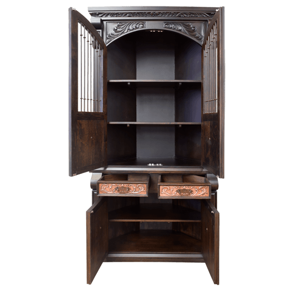 Dark wood corner armoire with copper panels and iron bars, doors and drawers open