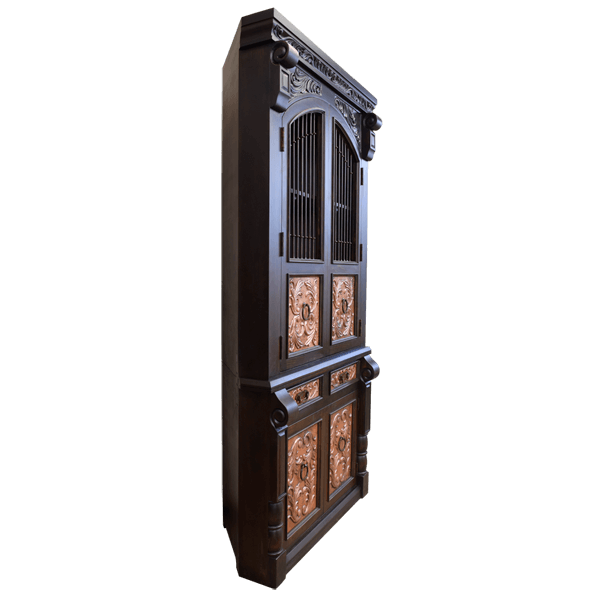 Elegant dark wood corner armoire with copper panels and iron details, three-quarter view