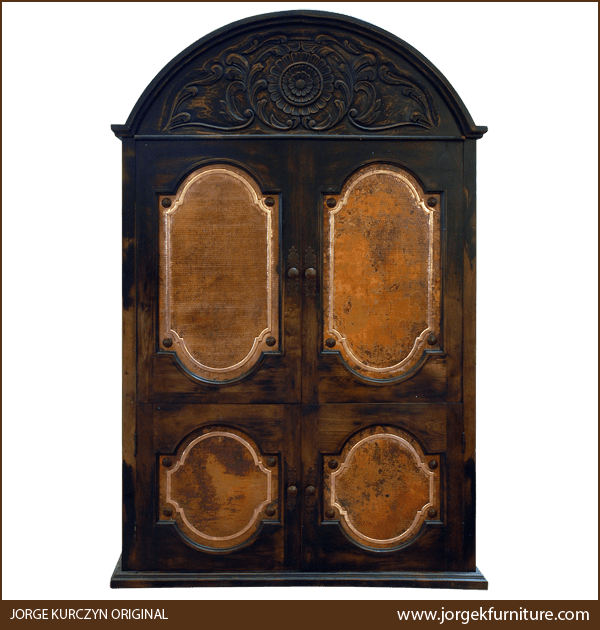 Exquisite handcrafted Spanish colonial armoire with four copper panels and hand carved floral top, front view