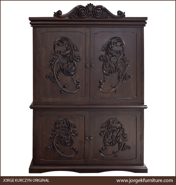 San Cristobal 2 armoire front view with Baroque hand-carved doors in dark wood