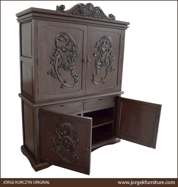 San Cristobal 2 armoire lower doors open showing exterior carvings, drawers, and shelves