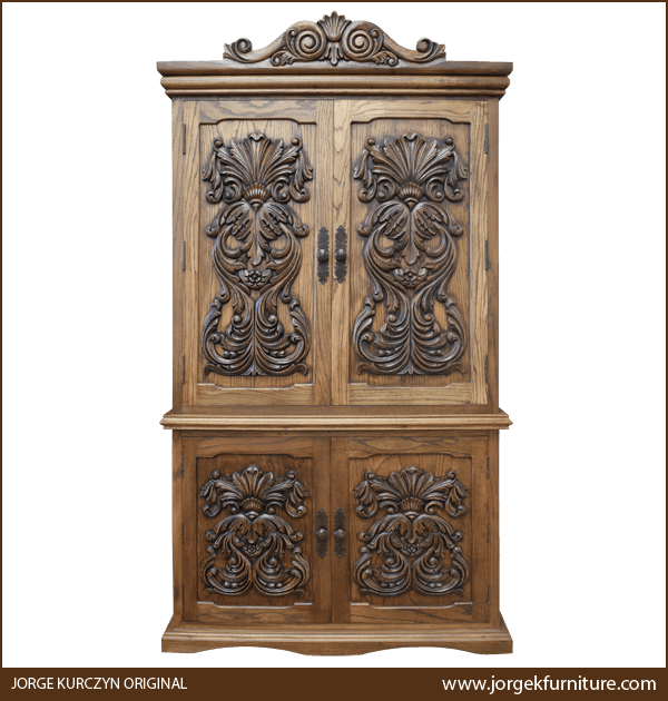 San Cristobal 3 armoire front view with Baroque hand-carved doors and natural wood grain finish