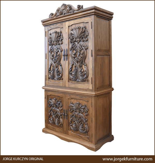 San Cristobal 3 armoire semi-front view showing carved details and visible natural wood grain