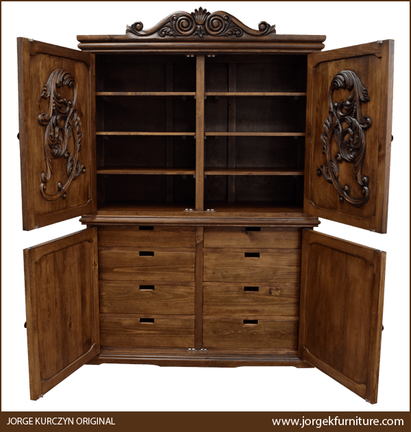 San Cristobal armoire all doors open showing carved upper doors, smooth lower doors, shelves and drawers