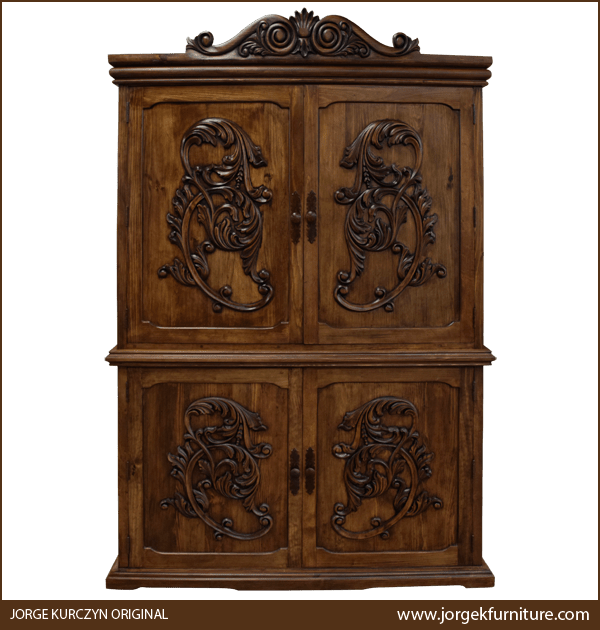 San Cristobal handcrafted Spanish colonial armoire with four hand carved doors, front view