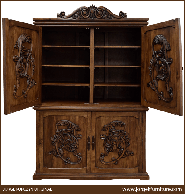 San Cristobal armoire upper doors open revealing carved interior panels and bookshelf shelves