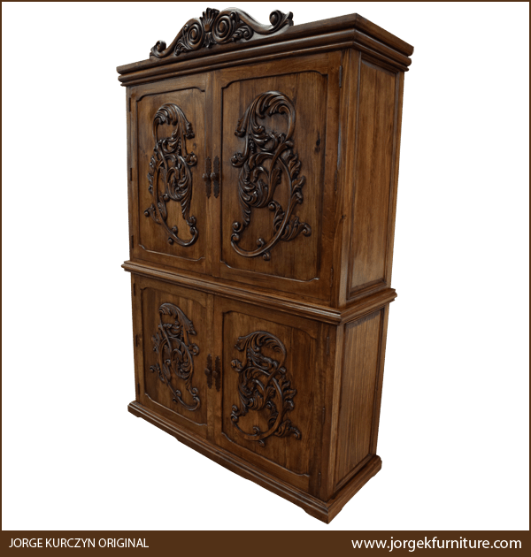 San Cristobal Spanish colonial armoire showing upper and lower sections, semi-front view
