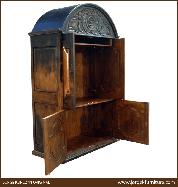 Spanish colonial armoire with open doors showing customizable storage and copper panel details