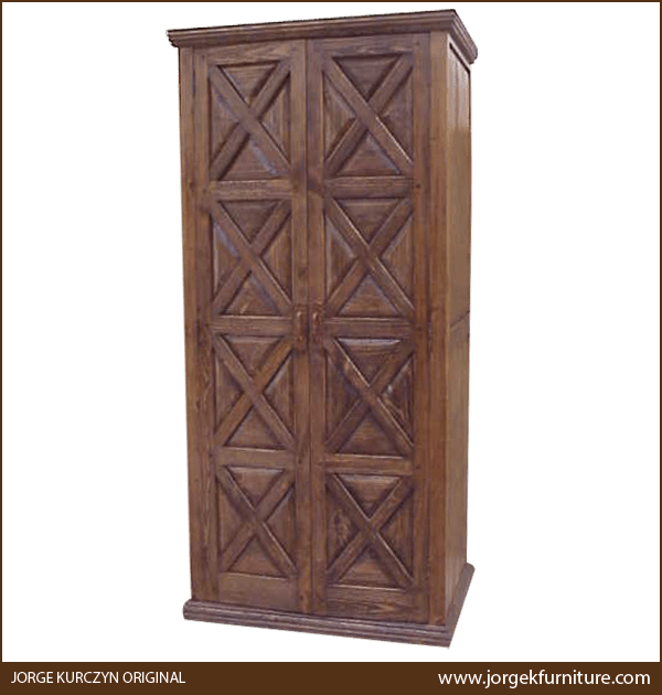 Spanish colonial style armoire with two large doors and diagonal cross wood panel designs – Quadra ARM07