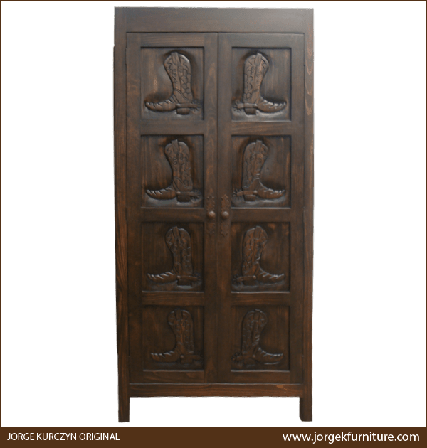 Western armoire handcrafted with cowboy boot carved panels, front view